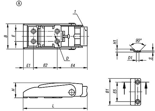 Spannverschluss mit Auslöser, Anschraubbohrung verdeckt, Form: A 82x33,6x19,5, D=4,3, Edelstahl 1.4301 - K1357.43082 - kommt direkt von HUG Technik 😊