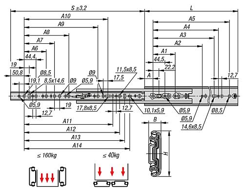 Teleskopschiene L=304,8 19,1X70,8, Vollauszug S=304,8, Fp=140, Stahl verzinkt, Montage seitlich, 1 Stück - K1717.0305 - kommt direkt von HUG Technik 😊