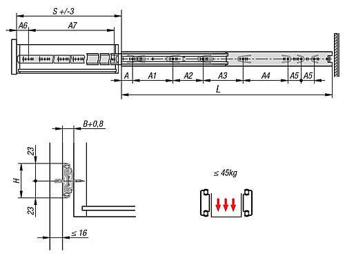 Teleskopschiene L=250 12,7X46, Vollauszug S=250, Fp=45, Stahl verzinkt und passiviert, Montage seitlich, 1 Paar - K1577.0250 - bei HUG Technik ✭