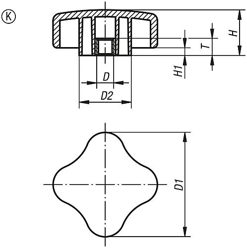 Viersterngriff flach M05, Form: K Thermoplast, Komp: Messing - K0278.3505 - bekommst Du bei HUG Technik ♡