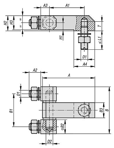 Scharnier Eckig lange Ausführung mit Befestigungsmutter D1=M06, Edelstahl 1.4305, B=40,2, A=45, A1=30, A2=10 - K1338.10630028 - direkt bei HUG Technik ✓