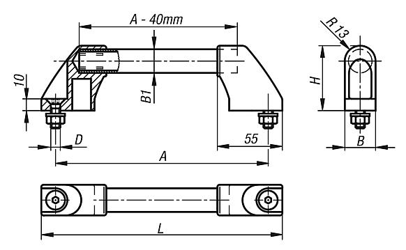 Rohrgriff, Form: B Aluminium, Komp: Thermoplast, A=400, D=M08x20 - K0210.4003 - erhältlich bei ✭ HUG Technik ✓