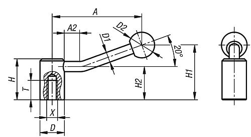 Spannhebel Gr.1 M08, A=84,5, Form: 20° Edelstahl, Komp: Kunststoff - K1444.208 - bei HUG Technik ☆