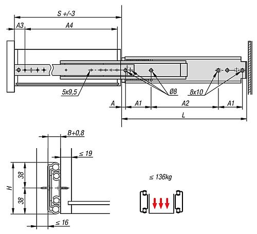 Teleskopschiene L=310 19X76, Vollauszug S=310, Fp=136, Stahl verzinkt, Montage seitlich, 1 Paar - K1581.0310 - erhältlich bei ✭ HUG Technik ✓