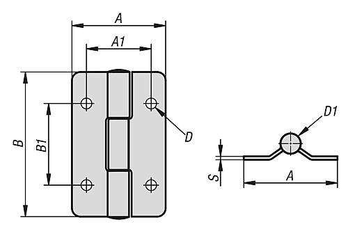 Scharnier Anschraubbar Befestigungsbohrungen 55x85, A1=38, B1=48, Edelstahl 1.4310 - K1517.558512 - direkt bei HUG Technik ✓