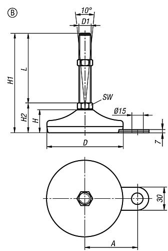 Stellfuß M10X100, Form:B Edelstahl, Komp:Gummi, D=60 - K0739.2206010X100 - bei HUG Technik ✓