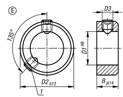 Stellring DIN705, Form:E Gewindestift mit Innensechskant, Stahl blau-passiviert 100X140, B=25 - K0406.310003 - gibt’s bei HUG Technik ✓