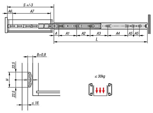 Teleskopschiene L=250 12,7X45, Vollauszug S=250, Fp=30, Stahl verzinkt und passiviert, Montage seitlich, 1 Paar - K1569.0250 - bekommst Du bei ★ HUG Technik ✓