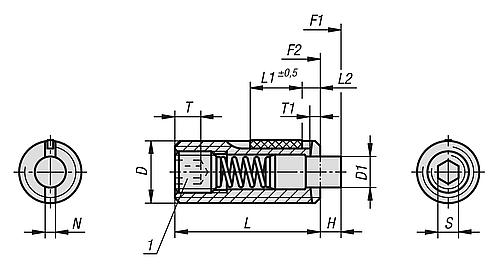 Federndes Druckstück Standard Federkraft M05 L=18 Edelstahl, flach, Long-Lok, Komp: Bolzen Aus Edelstahl - K1380.05 - bei HUG Technik ✭