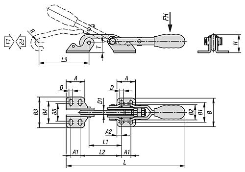 Hakenspanner, Horizontal mit Gegenhalter, F2=2000, Edelstahl blank, Komp: Kunststoff Komp: rot ölbeständig - K1432.12000 - erhältlich bei ♡ HUG Technik ✓