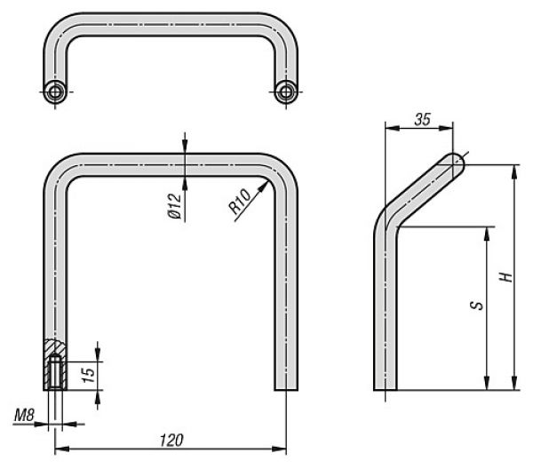 Bügelgriff abgewinkelt H=120 Stahl, A=120, D=M08 - K0207.12008 - bei HUG Technik ✭