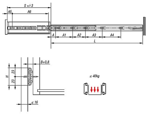 Teleskopschiene L=300 12,7X46, Vollauszug S=300, Fp=40, Stahl blau verzinkt, Montage seitlich, 1 Stück - K1575.0300 - direkt von HUG Technik ✓