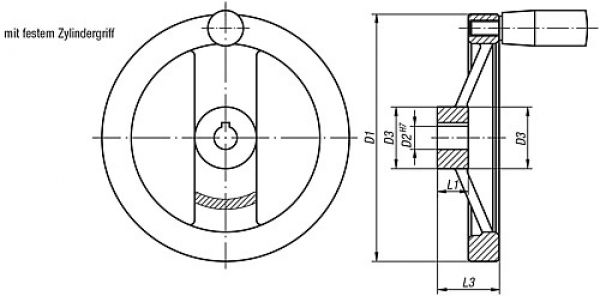 2-Speichen-Handrad mit Nut D1=100 Aluminium, Komp: Duroplast, D2=10 - K0162.3100X10 - bei HUG Technik ✭