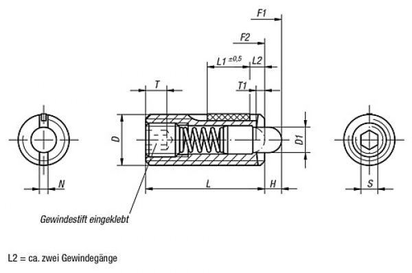 Federndes Druckstück Standard Federkraft M05 L=18 Stahl, LONG-LOK, Komp: Bolzen aus Stahl - K0327.05 - kommt direkt von HUG Technik 😊